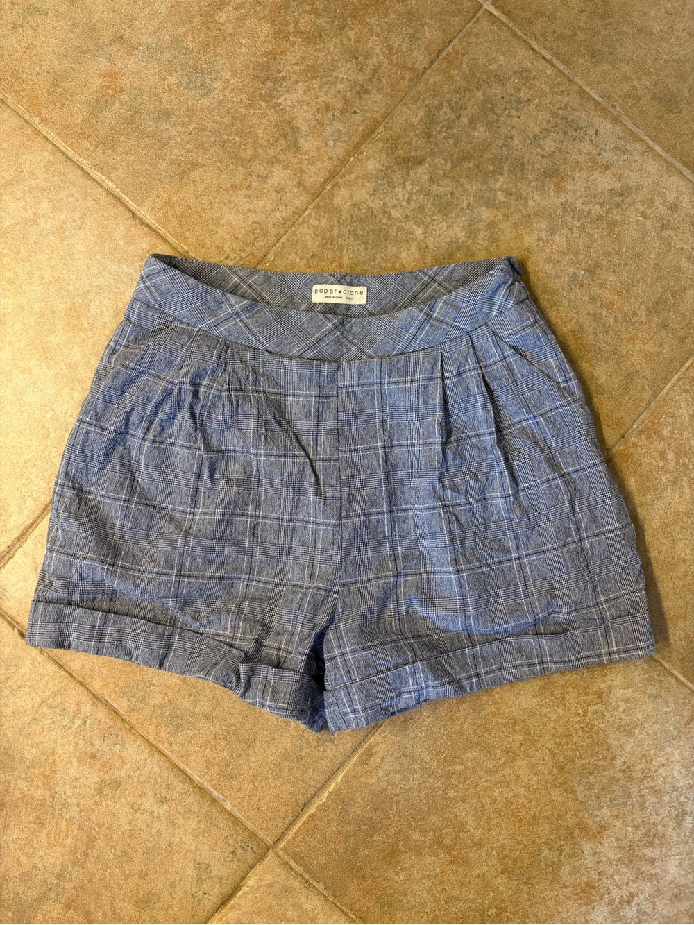 Paper Crane Blue Plaid High-Rise Pleated Shorts